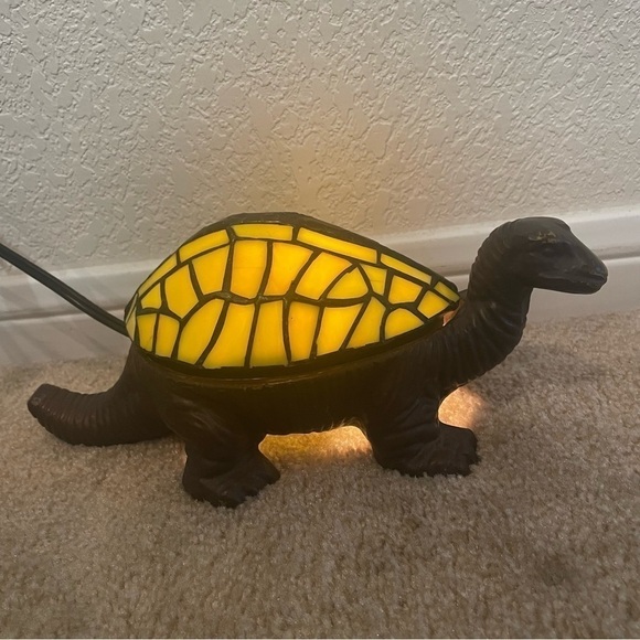 DINOSAUR Lamp with Tiffany Style Yellow Glass Shell 12" Brass - Picture 6 of 9